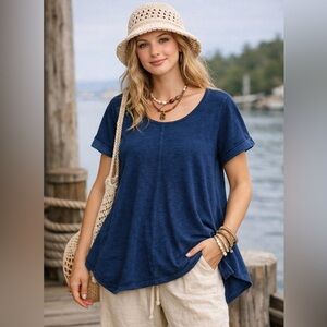 Lauren Ralph Lauren Small Linen Cotton Blue Asymmetrical Knit Top cottage core